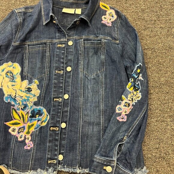 Chicos Long Sleeve Floral Embroidered Applique Denim Jacket Ladies Size 2 / L - Picture 10 of 16
